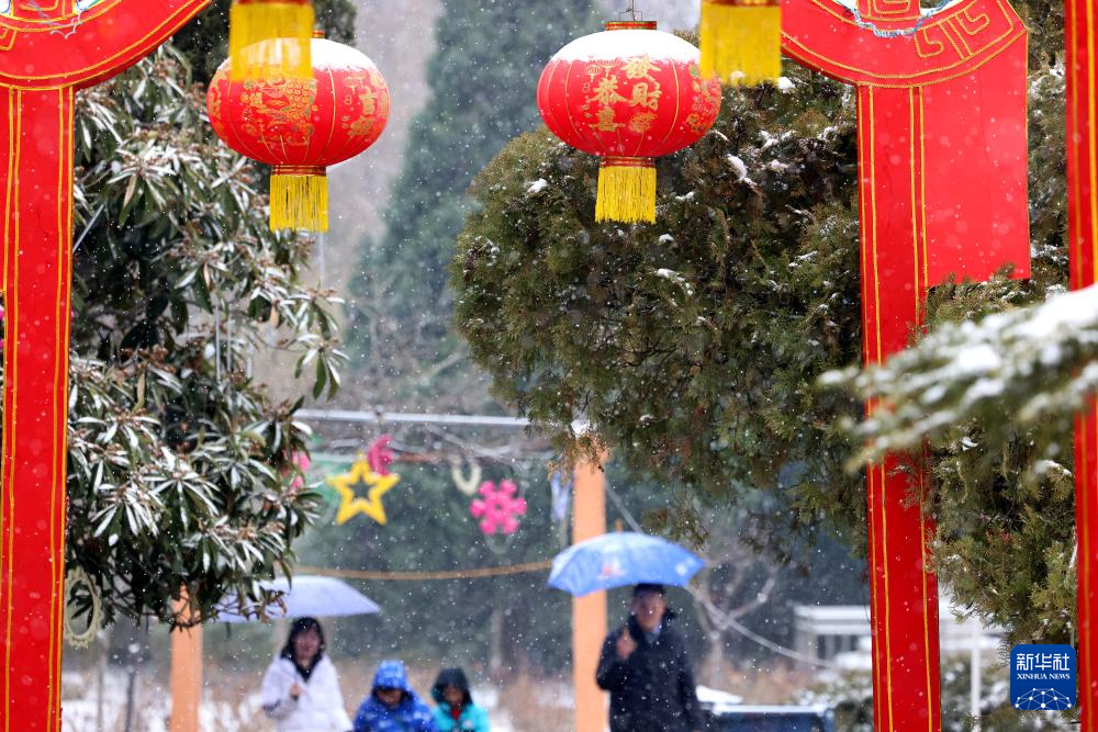 2月24日,在山东省枣庄市人民公园,人们冒雪赏灯。新华社发(孙中喆摄)