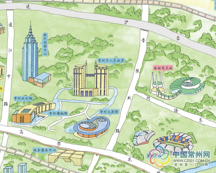 交错形成的城市框架,以及特色标志性建筑,手绘出常州特有的历史人文