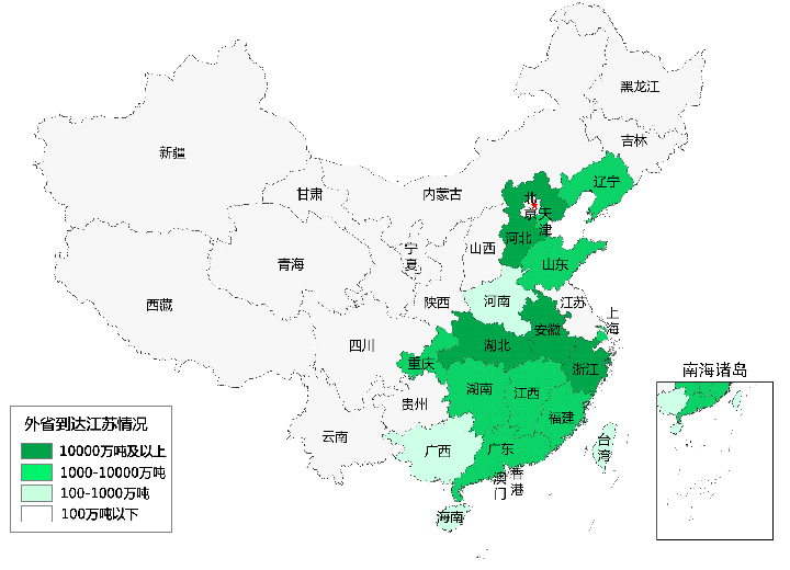 图2：2021年1-11月各省市到达江苏水路货运量分布情况
