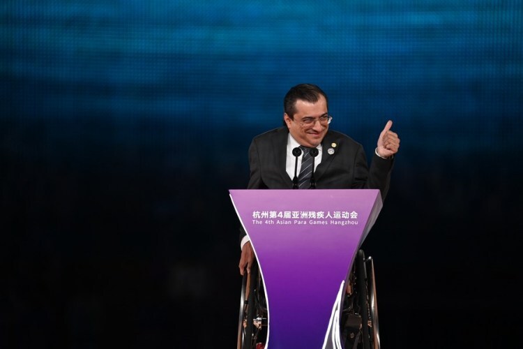 Majid Rashed, president of the Asian Paralympic Committee, is seen during the closing ceremony of the 4th Asian Para Games, Oct. 28, 2023. (Xinhua/Jiang Han)