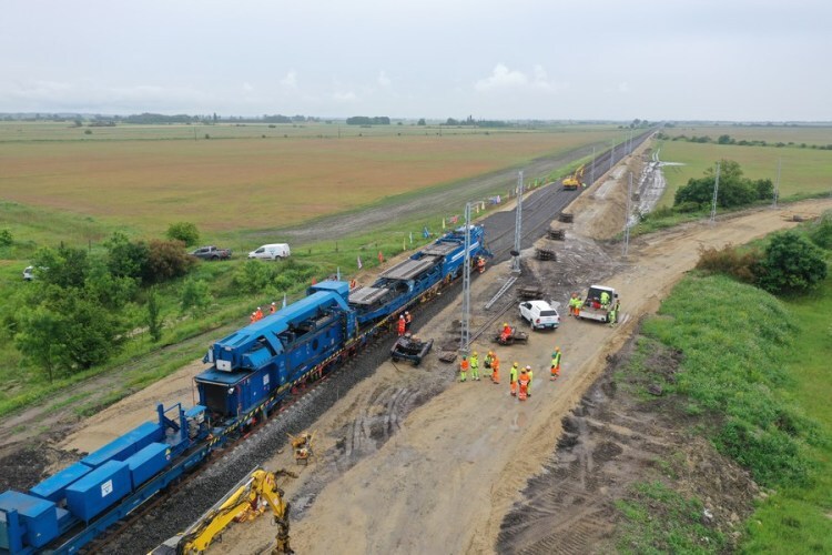 This aerial photo taken on May 30, 2023 shows the track laying at the construction site of the Budapest-Belgrade railway in Kunszentmiklos, Hungary. (China Railway Group Budapest-Belgrade Railway Management Dept./Handout via Xinhua)