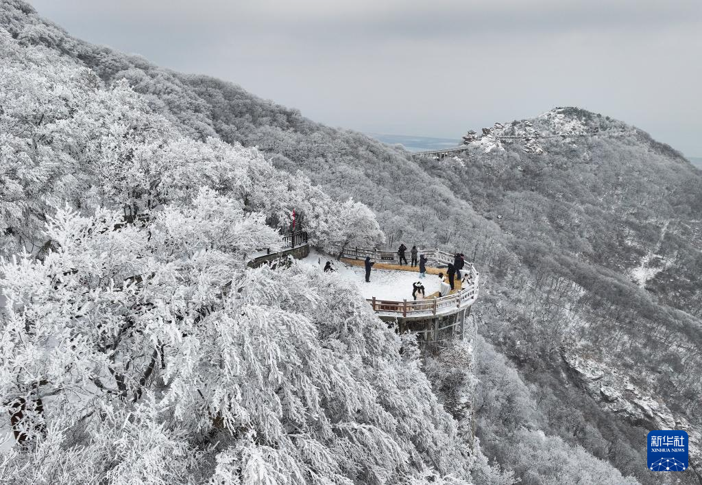 1月21日，游人在江苏连云港市海上云台山景区观赏雾凇、雪凇叠加景色（无人机照片）。