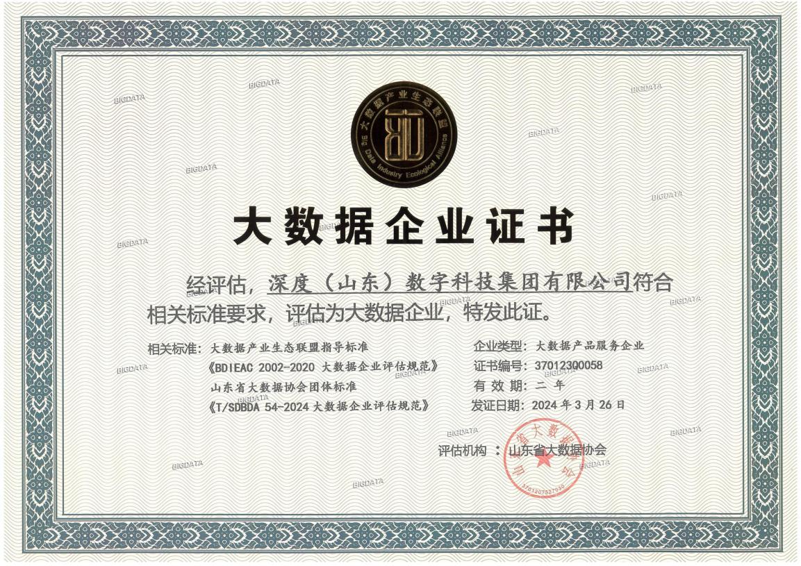 票据服务行业代表深度数科获山东省大数据企业,大数据