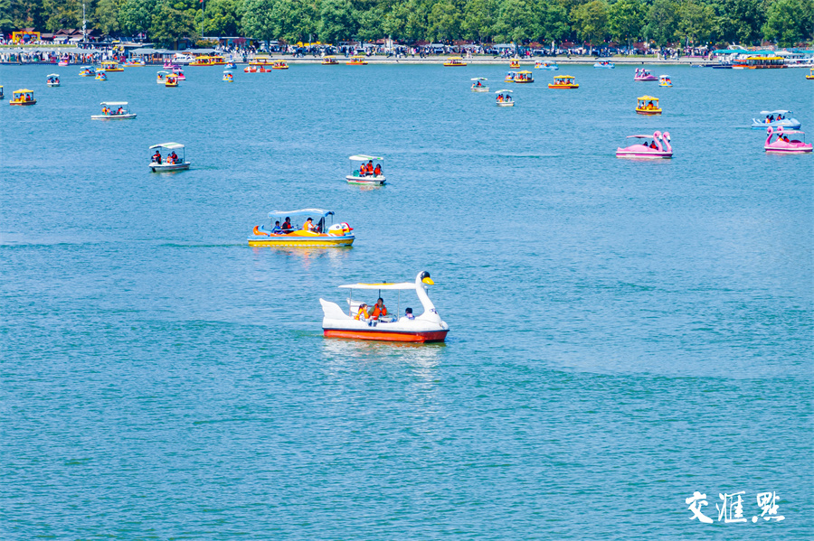 秋日里的南京玄武湖色彩斑斓，美如画卷。国庆假期，不少市民和游客来到南京玄武湖，泛舟赏景，乐享假期好时光。图为10月4日，众多游客市民泛舟玄武湖。新华日报·交汇点记者 蒋文超 摄