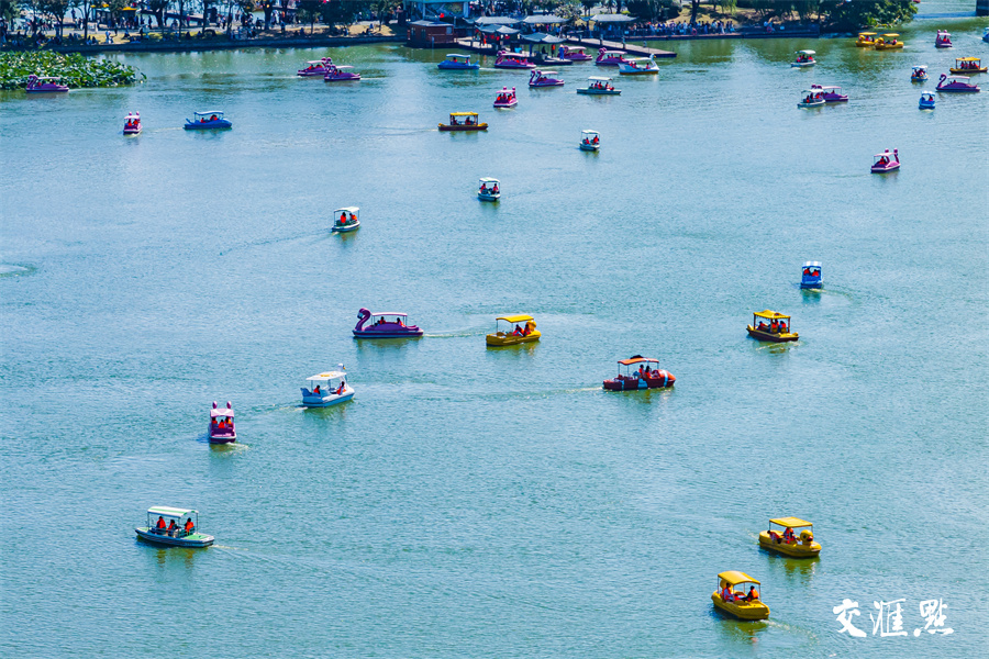 秋日里的南京玄武湖色彩斑斓，美如画卷。国庆假期，不少市民和游客来到南京玄武湖，泛舟赏景，乐享假期好时光。图为10月4日，众多游客市民泛舟玄武湖。新华日报·交汇点记者 蒋文超 摄