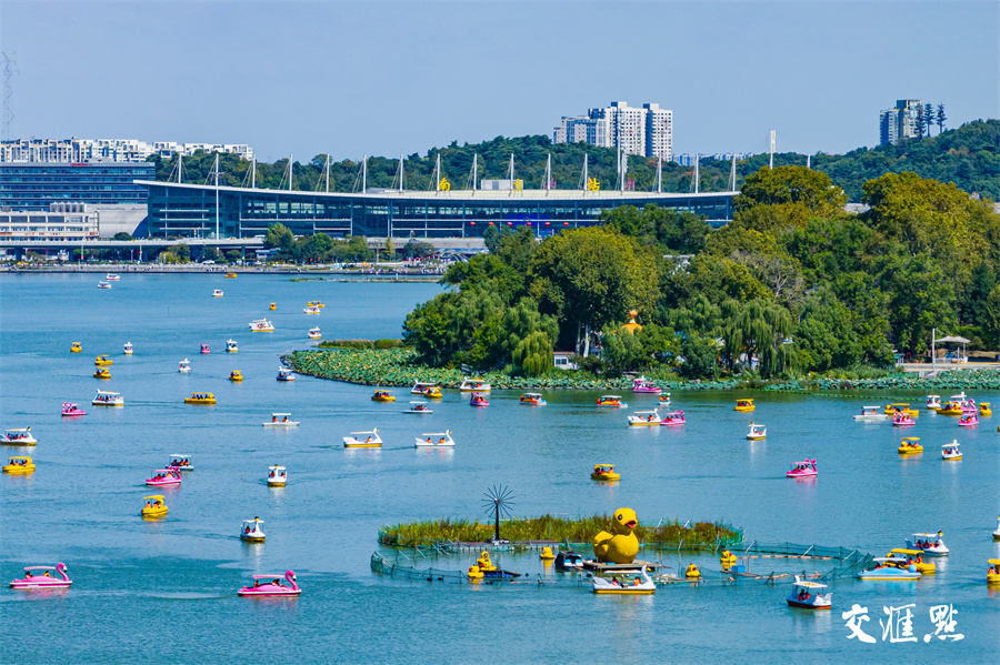 秋日里的南京玄武湖色彩斑斓，美如画卷。国庆假期，不少市民和游客来到南京玄武湖，泛舟赏景，乐享假期好时光。图为10月4日，众多游客市民泛舟玄武湖。新华日报·交汇点记者 蒋文超 摄