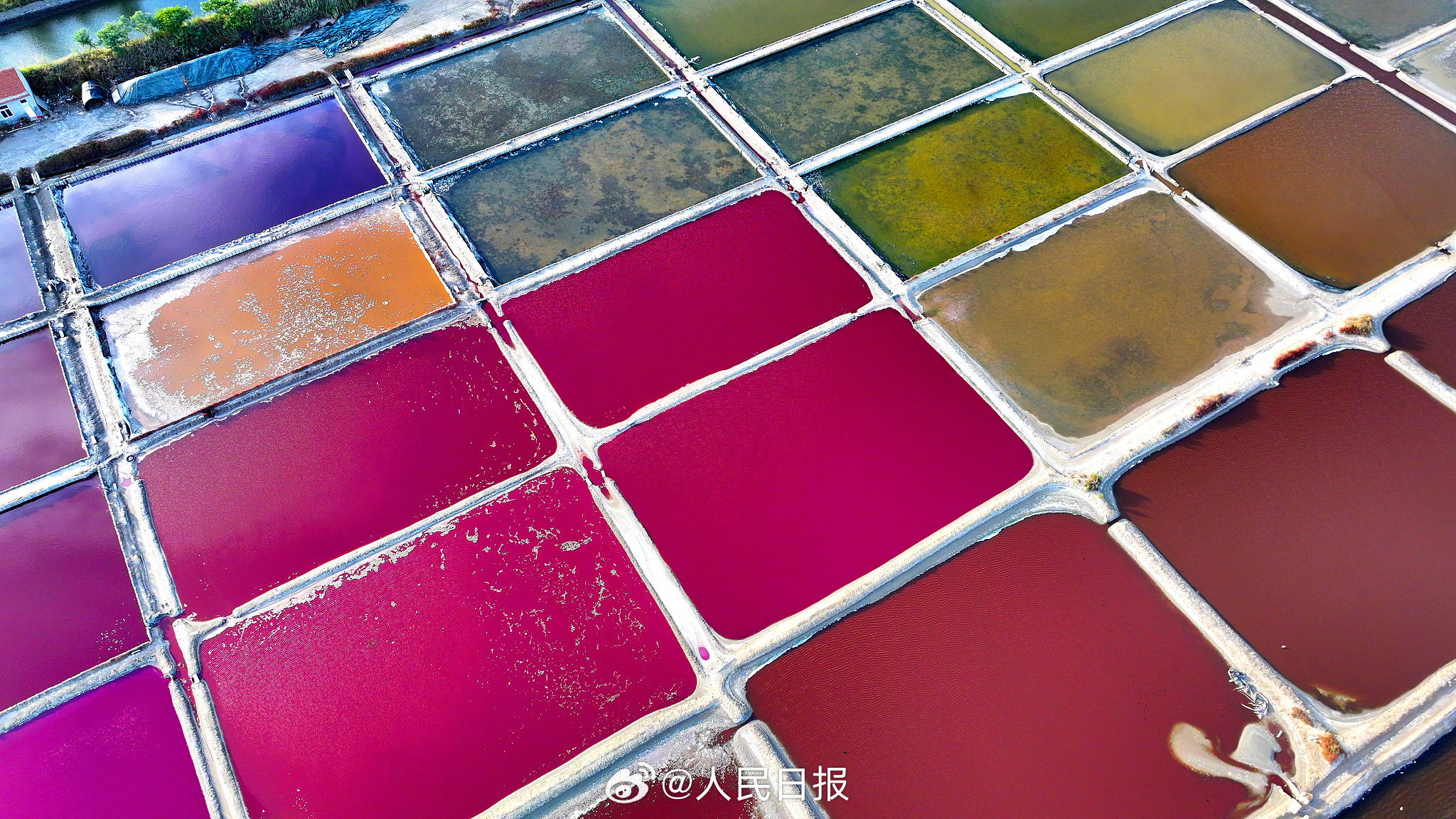 近日，山东荣成，港西镇朝阳港一处盐田，呈现出高饱和度色彩，像是被大自然打翻的调色盘，又如同神秘的大地呈现的一片艺术画布，形成了一道靓丽的风景线。