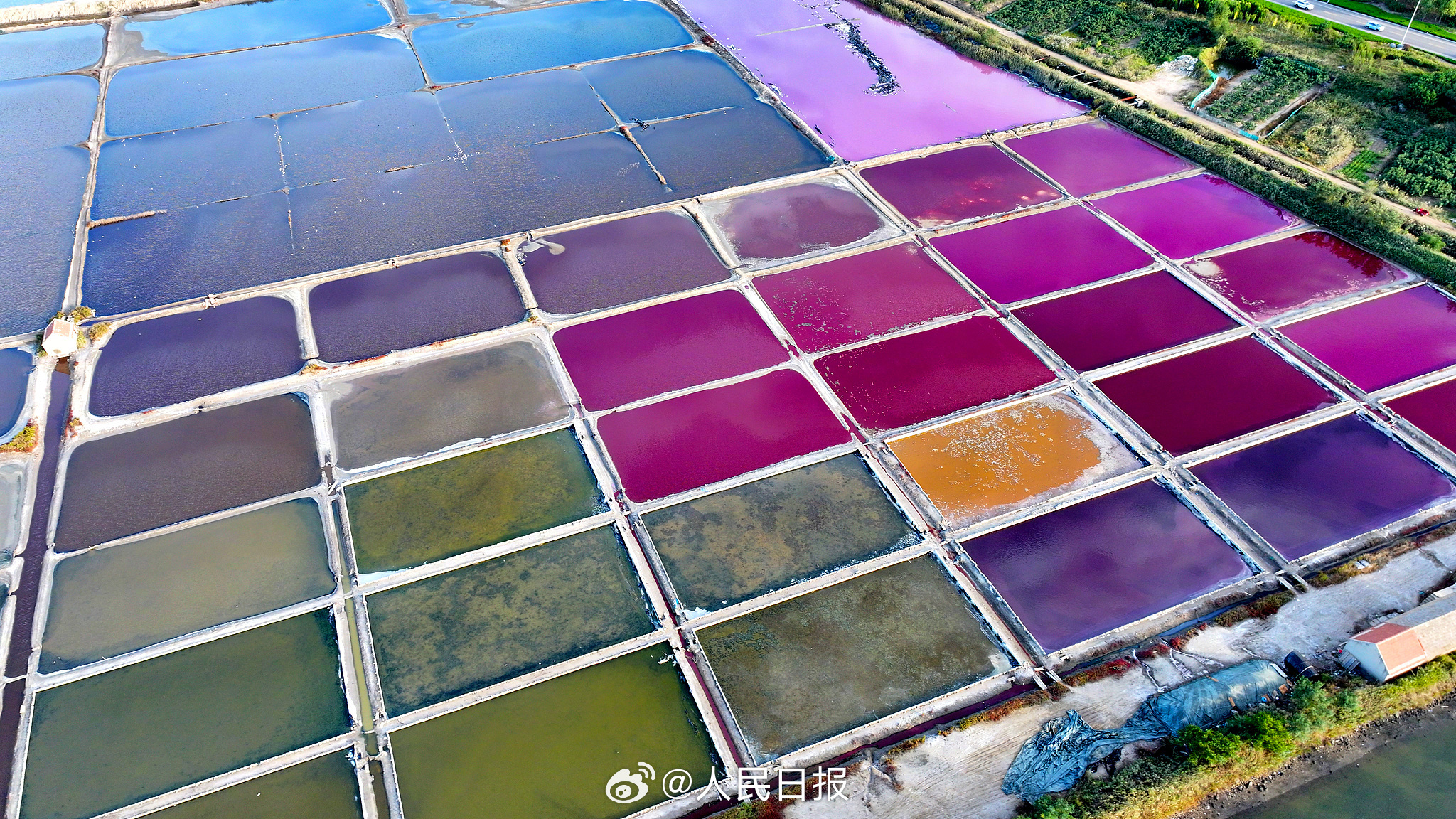 近日，山东荣成，港西镇朝阳港一处盐田，呈现出高饱和度色彩，像是被大自然打翻的调色盘，又如同神秘的大地呈现的一片艺术画布，形成了一道靓丽的风景线。