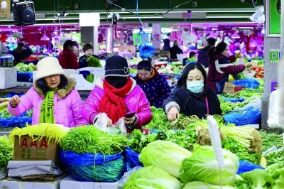 昨天,市民在建邺区南湖菜市场选购蔬菜。蛇年首场寒潮来袭,相关部门积极应对多措并举,及时调配各类蔬菜投放市场,在各大菜场内,蔬菜供应充足、价格平稳。 南京日报/紫金山新闻记者 段仁虎 摄