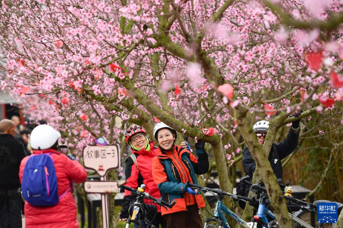 3月16日，游人在四川省绵竹市富新镇文永村文永里观赏桃花。
各地春花陆续绽放，神州大地处处都是烂漫春景。
新华社发（王平 摄）