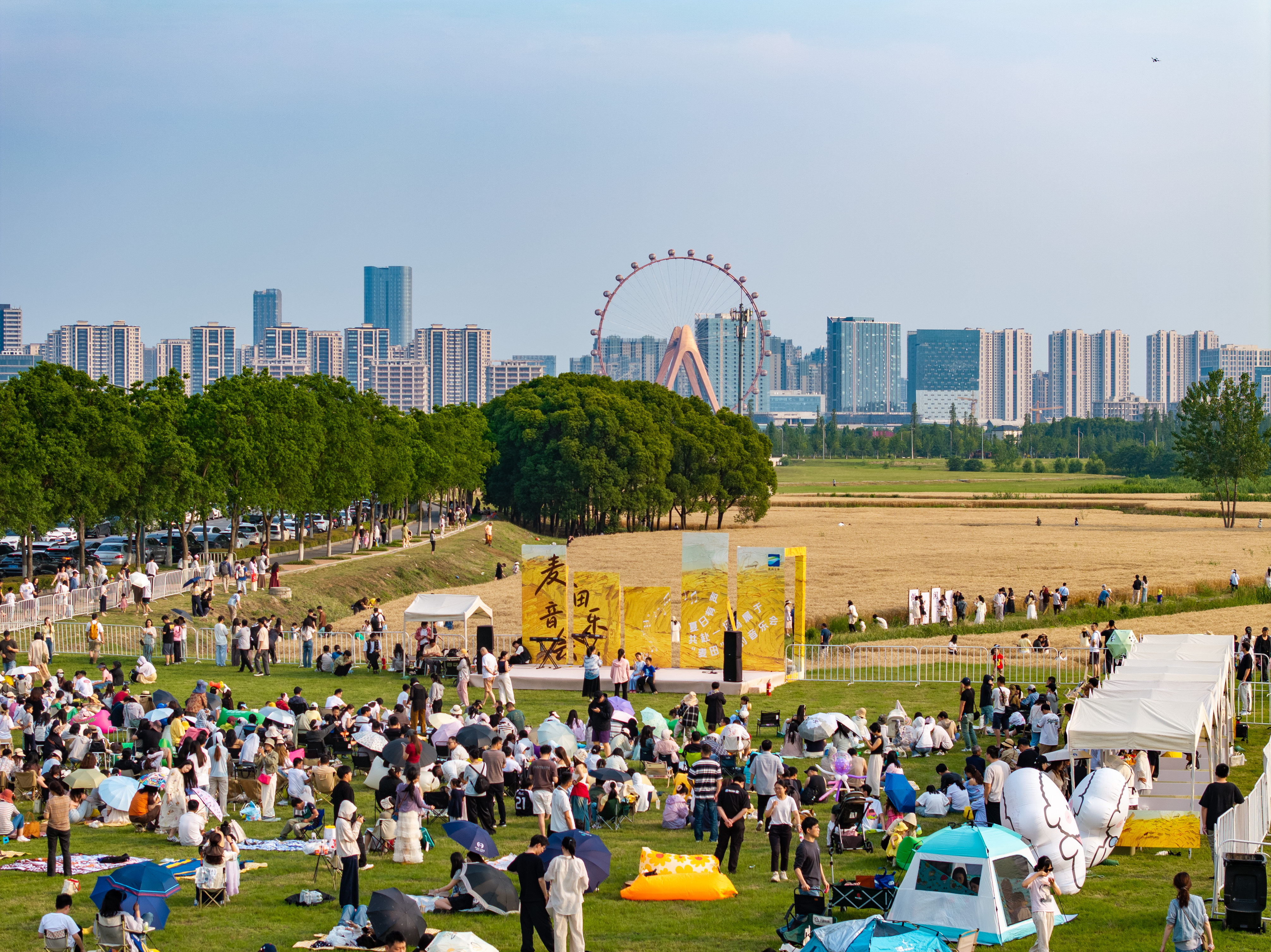 5月25日下午，南京江心洲麦田音乐会以田野为舞台，将音乐与农耕交织成画。随着流行歌曲经典旋律的响起，草地上“沸腾”了，场外的热闹不已。据了解，中新南京生态科技岛把农业作为底色，通过一年四季农作物的轮种，既有效发挥了生态发展区耕地的应有作用，又将农业与文旅结合起来，以农助旅，以旅促农，打造了南京休闲娱乐农业体验之地。