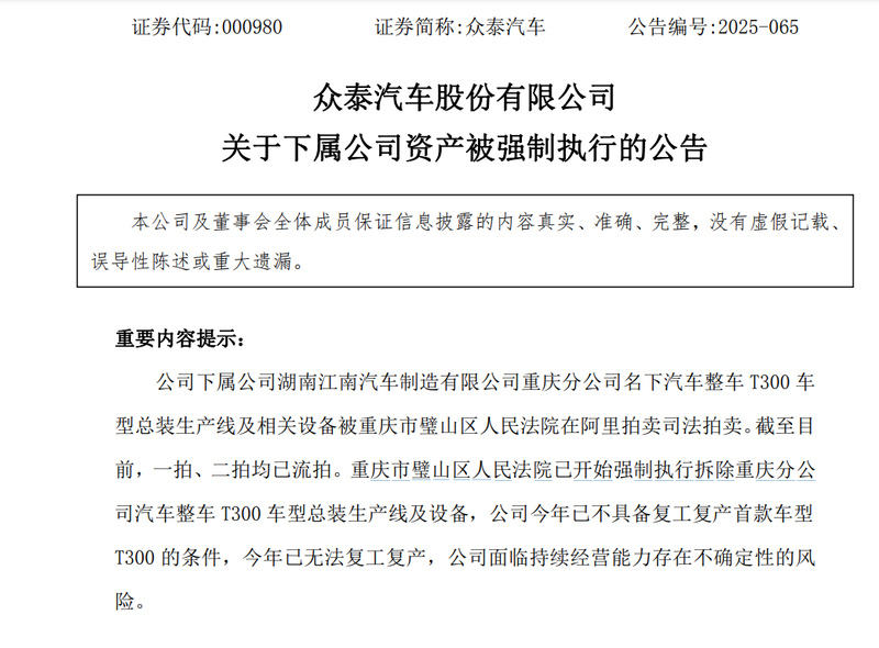 众泰汽车:下属公司资产被强制执行,今年已无法复工复产