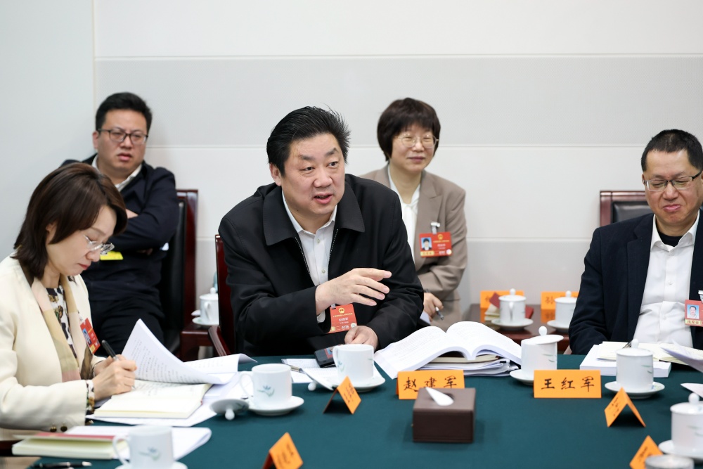3月8日，十四届全国人大四次会议江苏代表团召开代表小组会议，审议生态环境法典草案、民族团结进步促进法草案、国家发展规划法草案。
新华日报·交汇点记者 吴胜 万程鹏 摄