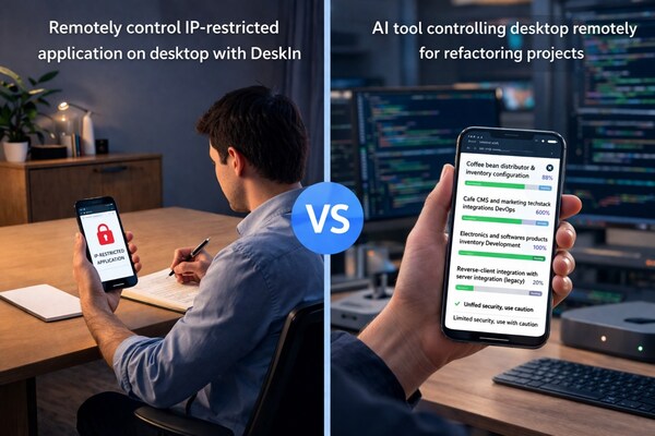 DeskIn remotely control desktop to access IP-restricted application VS AI tool remote-control desktop with mobile