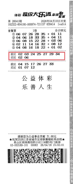 大乐透第26041期中奖票相关图片