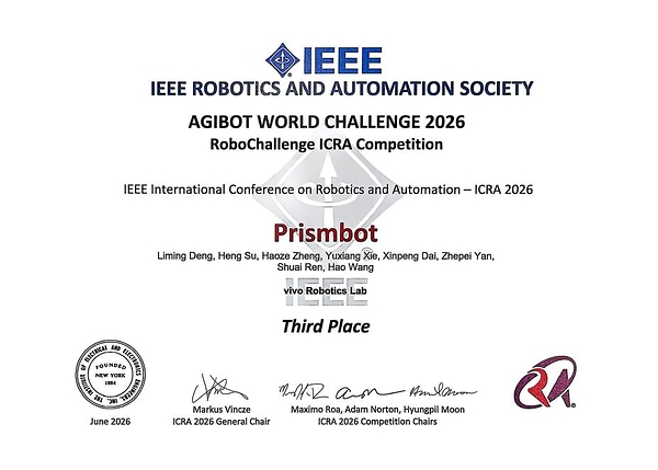 Certificate recognizing the vivo Robotics Team’s award in the Whole Body Control Track