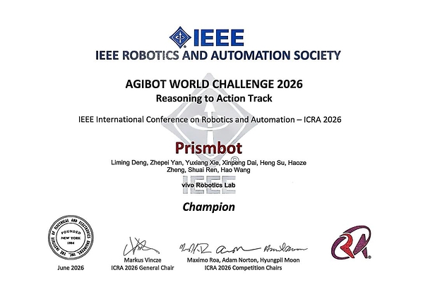 Certificate recognizing the vivo Robotics Team’s championship in the ICRA 2026 Reasoning to Action Track