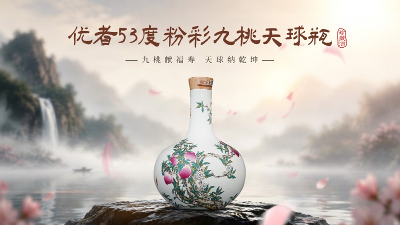 三千年福寿入画，六百载宫瓷成酿，优者粉彩九桃天球瓶珍藏酒面世