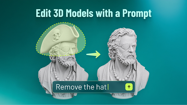With Meshy Edit, a user circles the hat on a 3D bust and types “Remove the hat.” The new model shows the bust without the hat, while the rest of the model stays as it is. (Credit: Meshy)